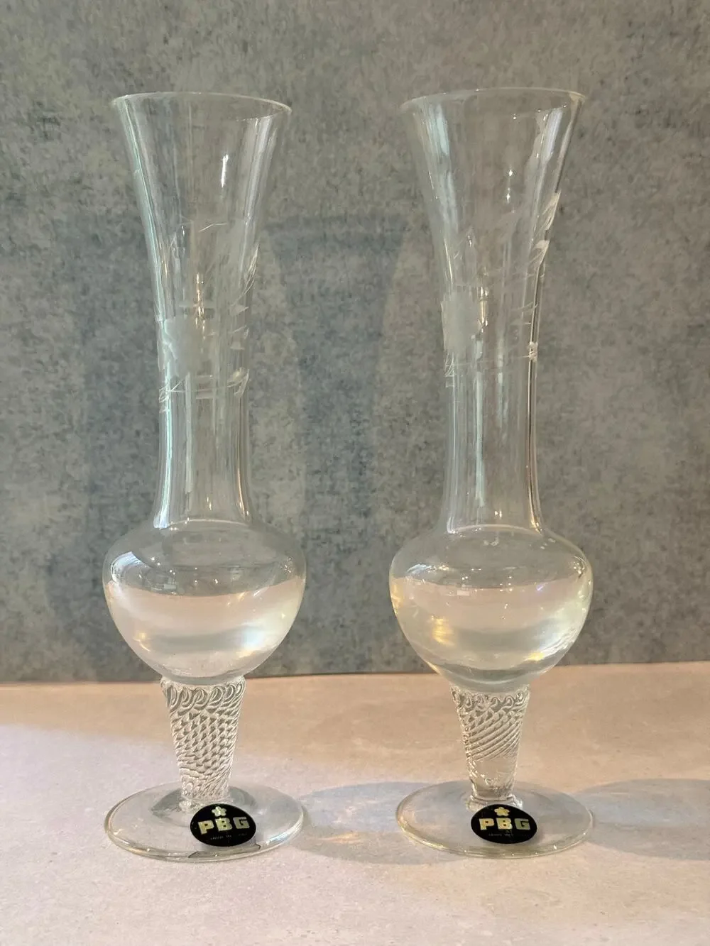 Vintage PBG Etched Glass Bud Vases - Set of 2